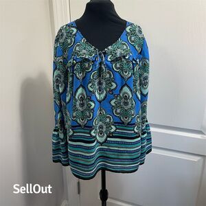 Kaari Blue Women's XL Paisley Striped Long Sleeve Blouse Blue